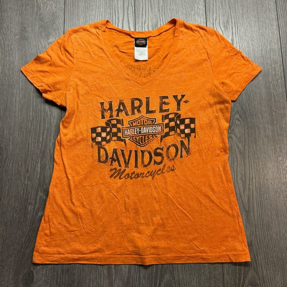 Harley Davidson Indianapolis V-Neck Graphic T-Shirt Orange Womens Small y2k